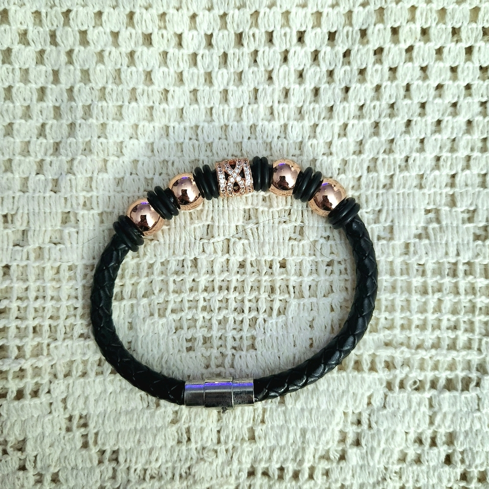 Black Braided Bracelet With Rose Gold Beads